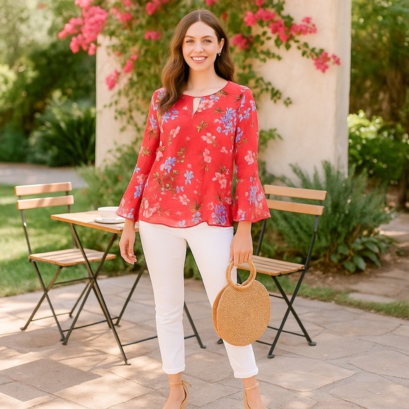 Cabi Womens Red Floral Sheer Lined Bell Sleeve Blouse Sz S Romantic Boho Spring - Picture 1 of 8